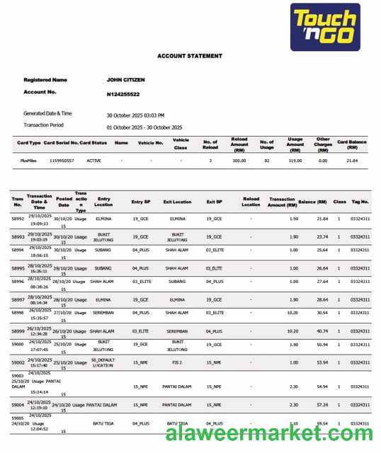 Malaysia Touch'n Go account statement Word and PDF template
